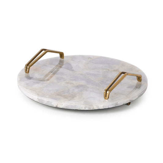 Grey Agate Round Tray with Metal Handles – Luxury Coffee Table Centerpiece & Vanity Organizer