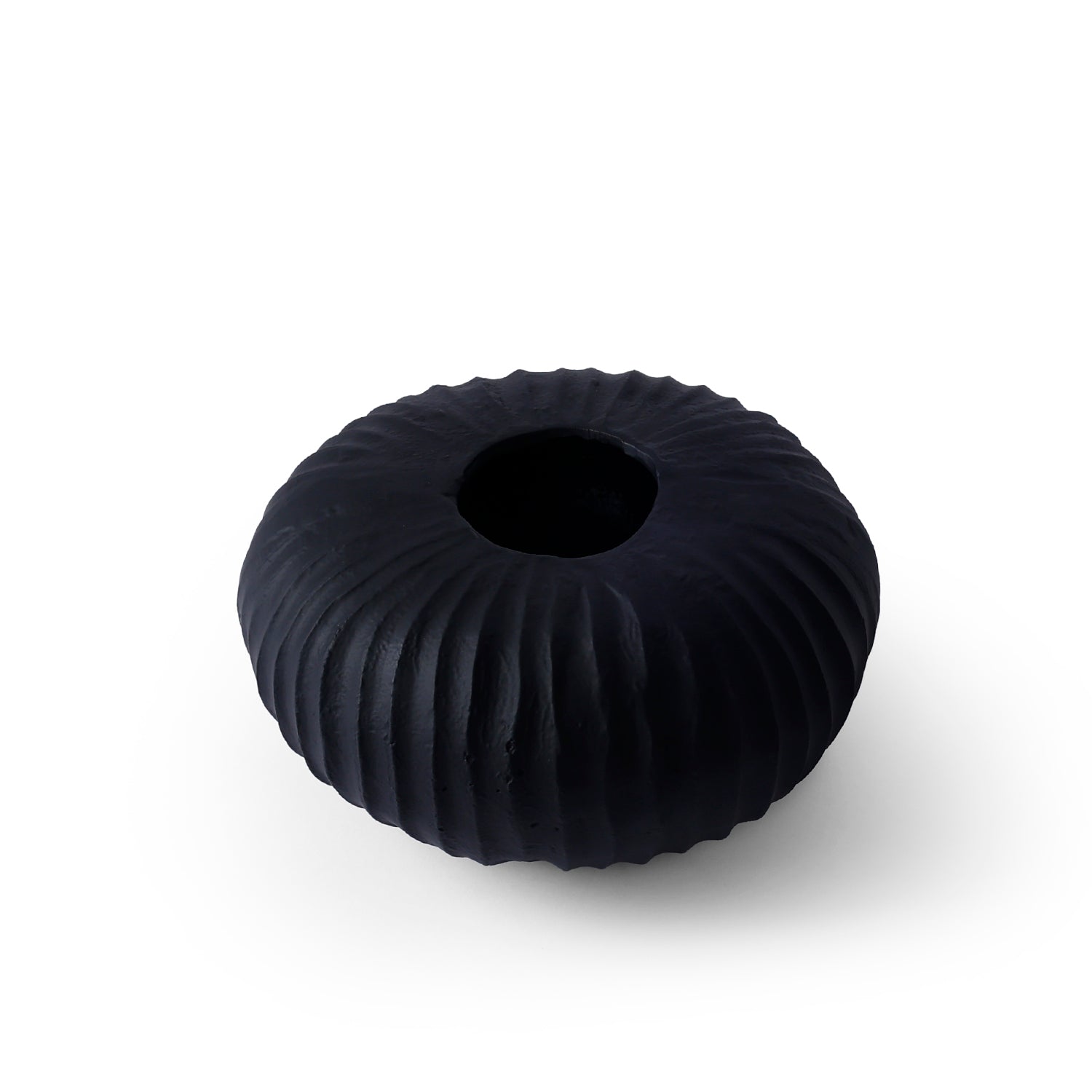 Black Ribbed Round Metal Vase