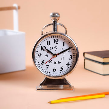 Silver Pocket-Style Table Clock with Black Back | Retro Desk & Mantel Decor