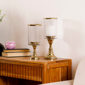 Gold Rim Glass Hurricane Candle Holders (Set of 2) – Tall & Short Pillar Candle Stands