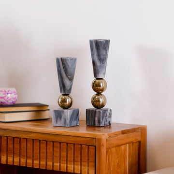 Marble & Metal Sphere Candle Holders (Set of 2) – Sculptural Taper Holders for Console & Dining Table