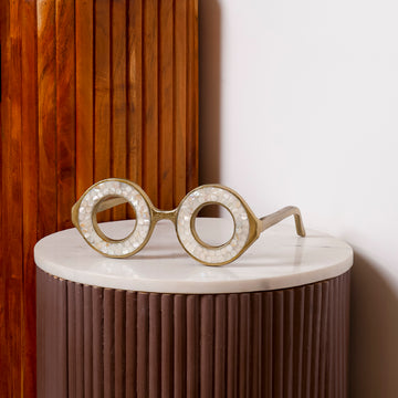 Pearl Loop Spectacles Sculpture – Gold-Tone Metal Tabletop Accent for Console & Coffee Table
