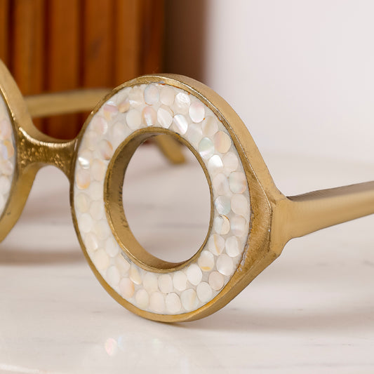 Pearl Loop Spectacles Sculpture – Gold-Tone Metal Tabletop Accent for Console & Coffee Table