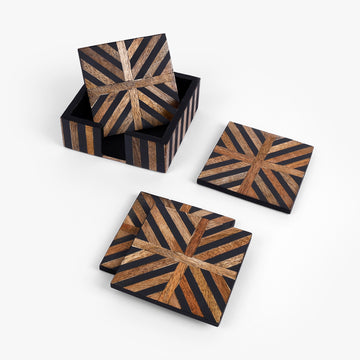 Black & Gold Geometric Wooden Coasters – Designer Tableware Set