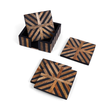 Black & Gold Geometric Wooden Coasters – Designer Tableware Set