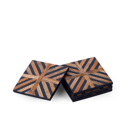 Black & Gold Geometric Wooden Coasters – Designer Tableware Set
