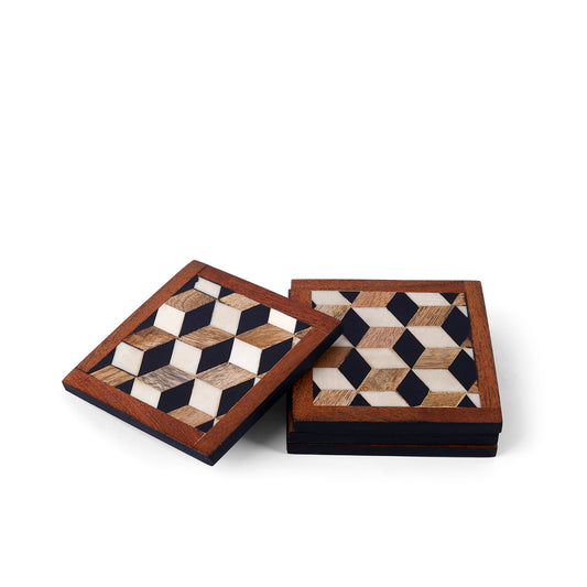 Checker Pattern Wooden Square Coasters – Handcrafted Drink Coasters