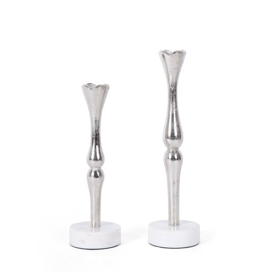 Silver Heart Candle Holder Set with White Marble Base