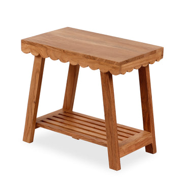 Solid Wood Slatted Stool with Lower Shelf – Handcrafted