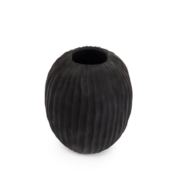 Matte Black Ribbed Round Vase (Wide Mouth)