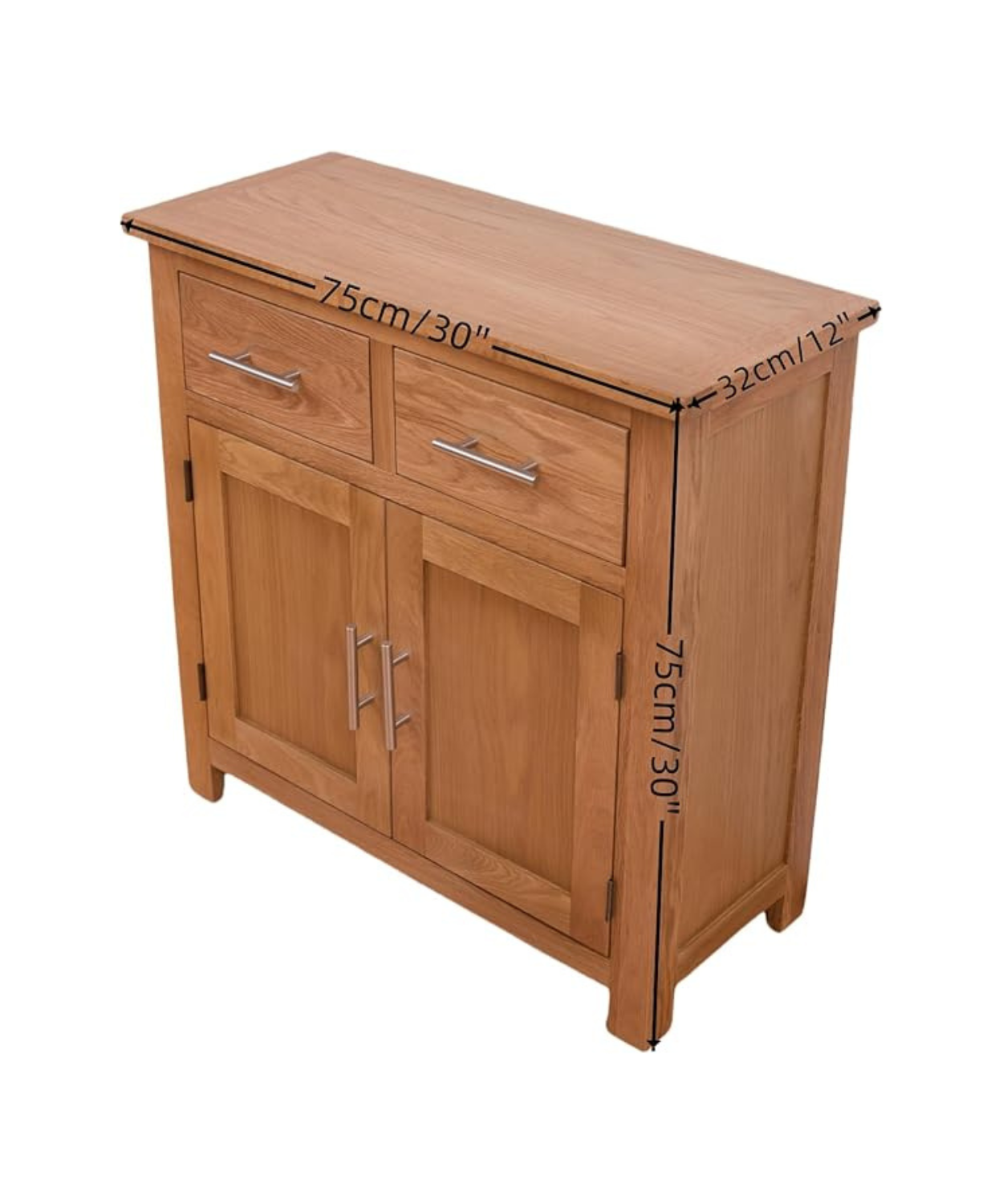 Solid Oak Wooden Sideboard with 2 Drawers & Double Door Storage