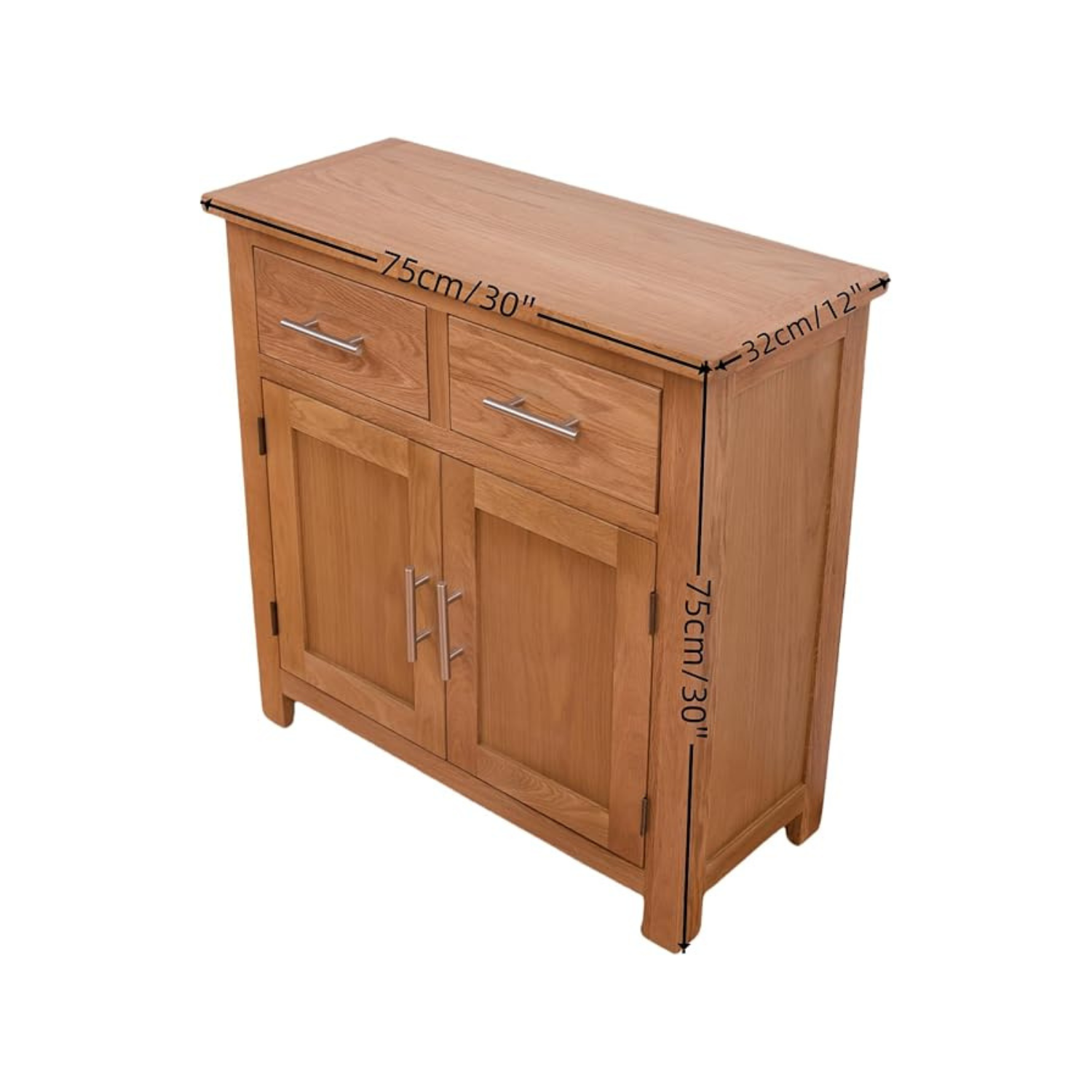 Solid Oak Wooden Sideboard with 2 Drawers & Double Door Storage