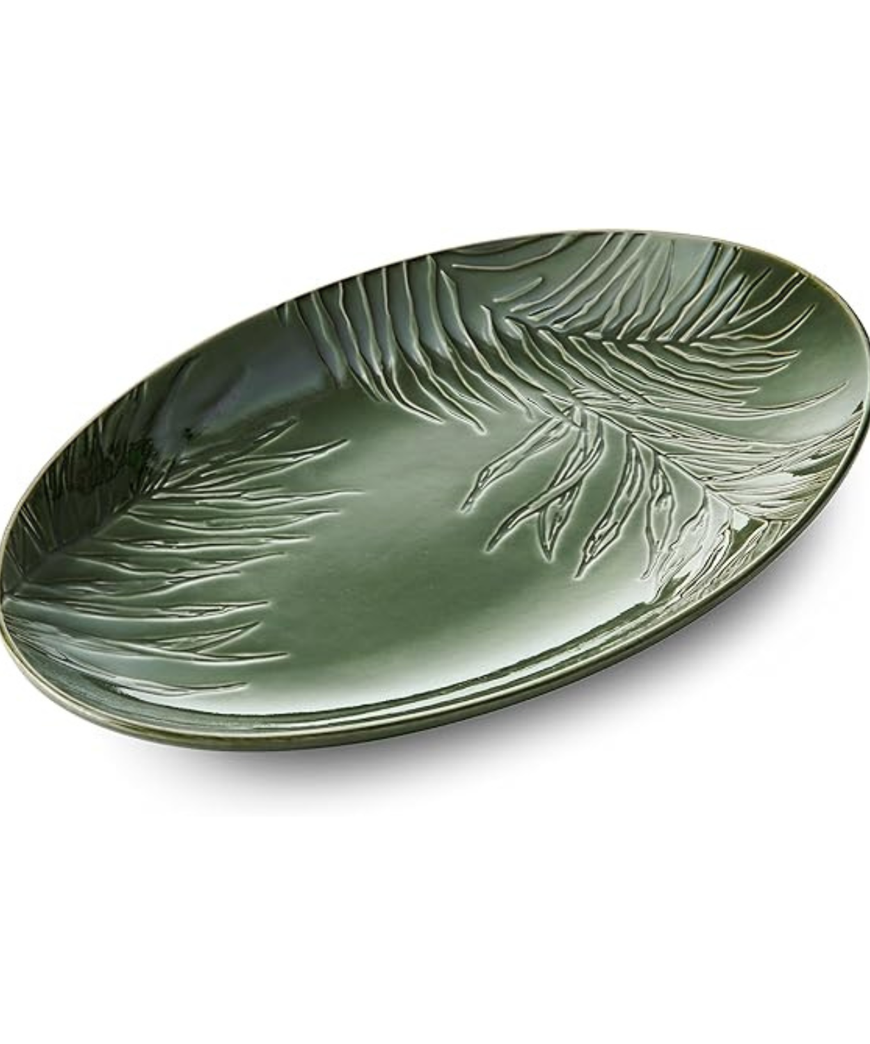 Green Leaf Embossed Oval Ceramic Serving Platter