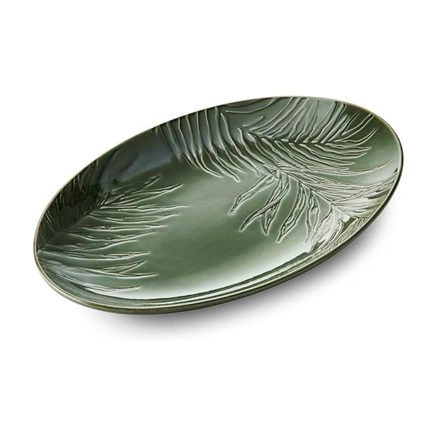 Green Leaf Embossed Oval Ceramic Serving Platter