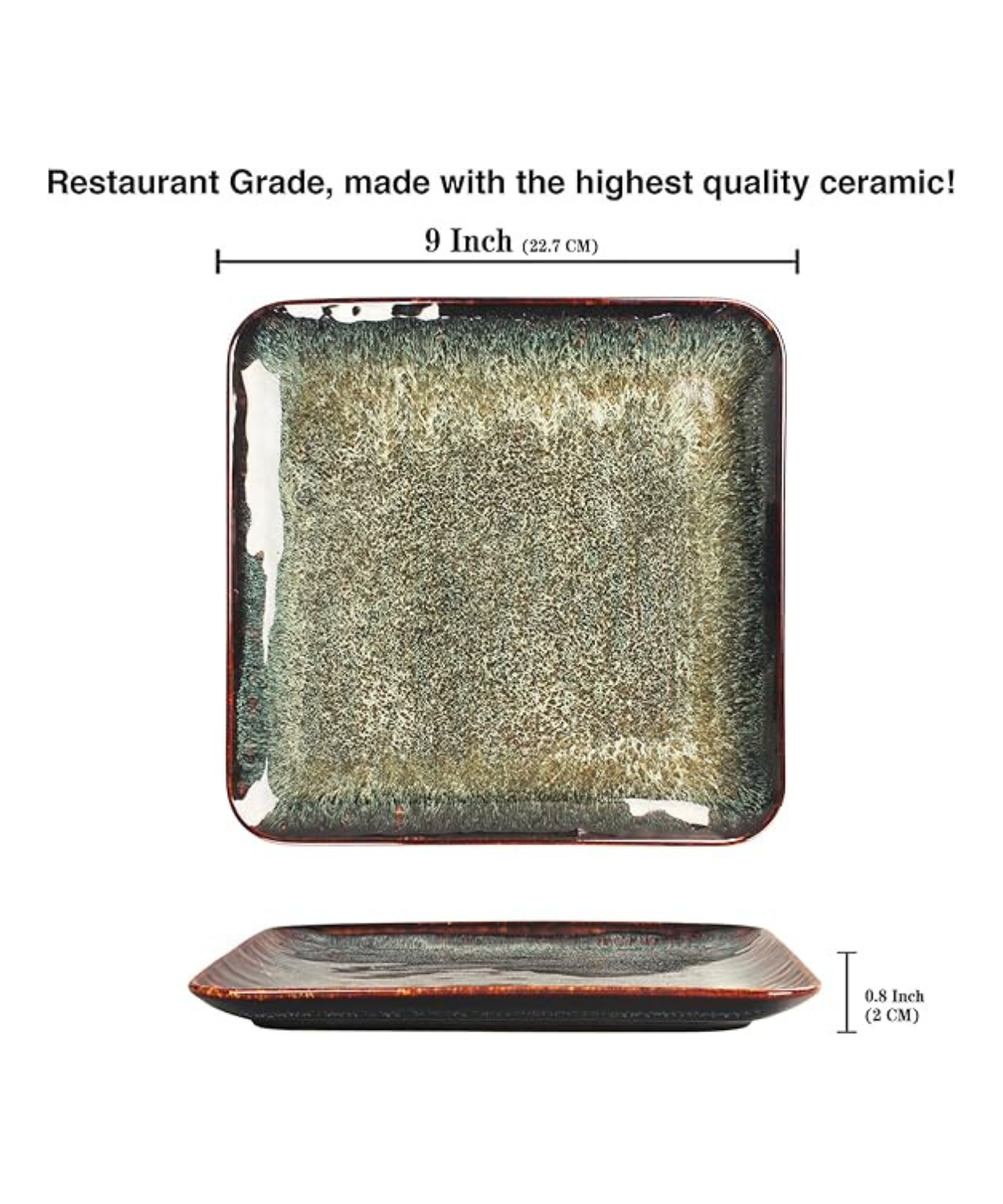 Moss Green with Rustic Brown Rim Square Ceramic Serving Plates - Set of 4