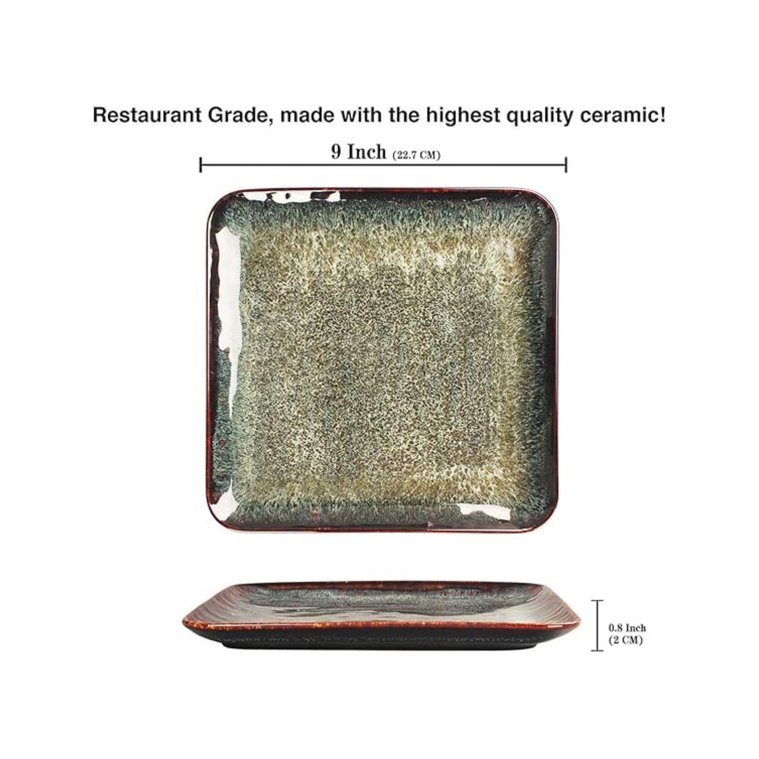 Moss Green with Rustic Brown Rim Square Ceramic Serving Plates - Set of 4