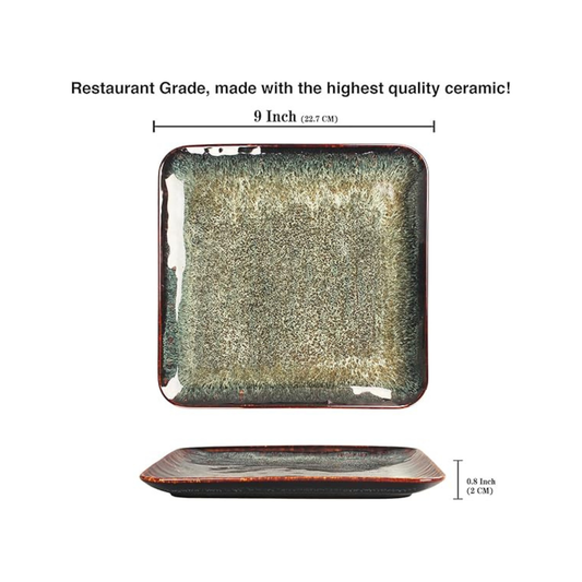 Moss Green with Rustic Brown Rim Square Ceramic Serving Plates - Set of 4