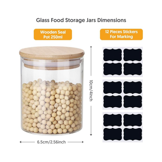 Airtight Glass Storage Jars Set – Clear Kitchen Containers for Spices, Dry Fruits - Set of 12, 250ml