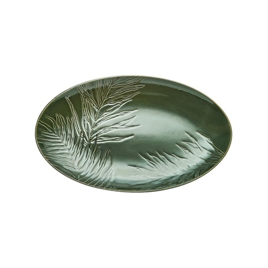 Green Leaf Embossed Oval Ceramic Serving Platter