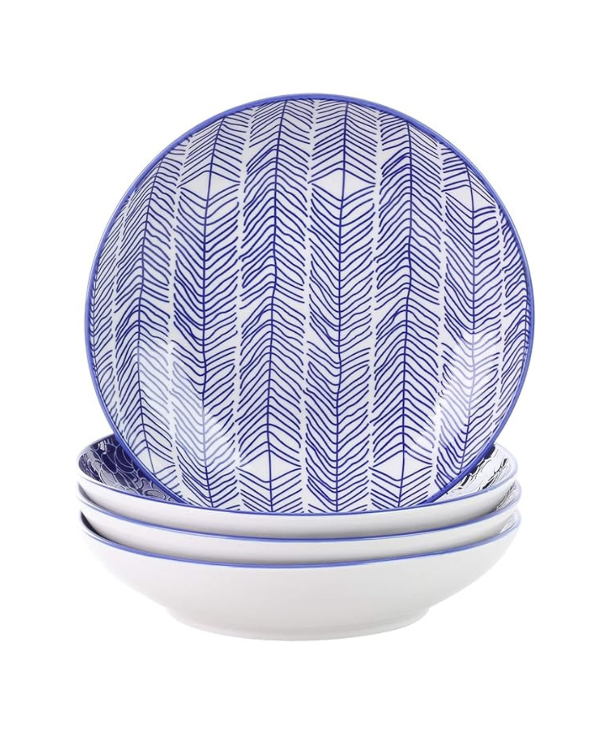 Set of 4 Blue & White Patterned Ceramic Pasta / Salad Bowls