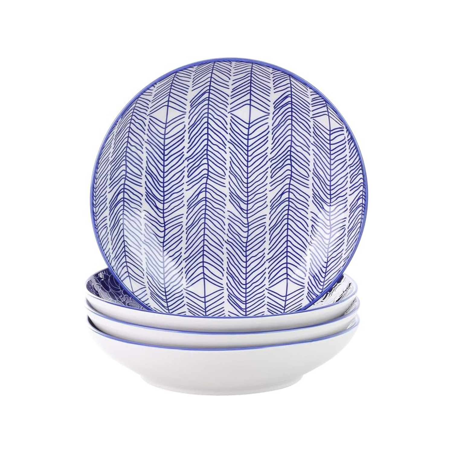 Set of 4 Blue & White Patterned Ceramic Pasta / Salad Bowls
