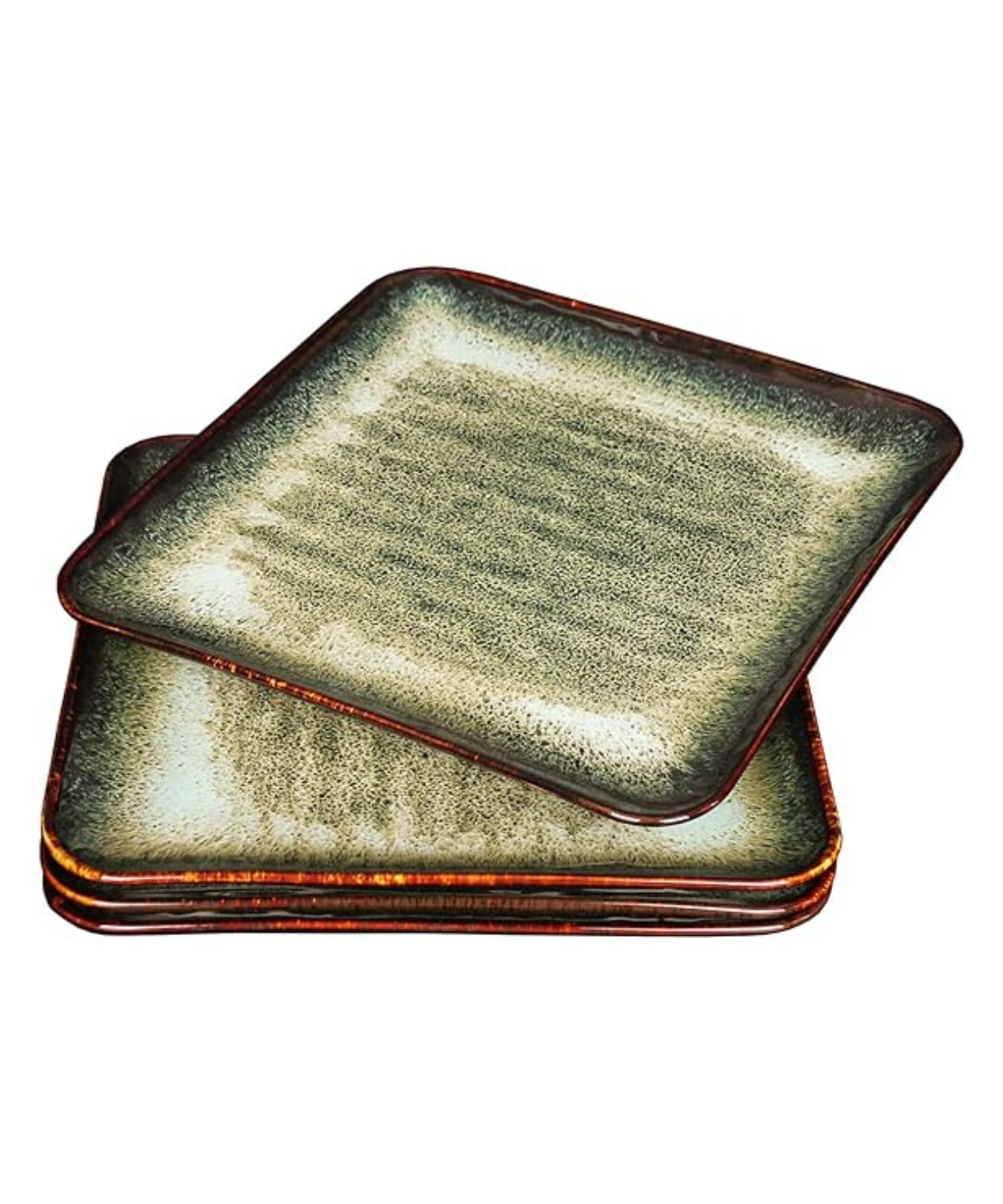 Moss Green with Rustic Brown Rim Square Ceramic Serving Plates - Set of 4