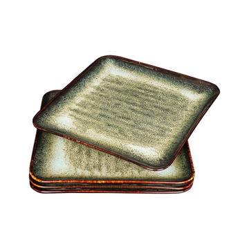 Moss Green with Rustic Brown Rim Square Ceramic Serving Plates - Set of 4
