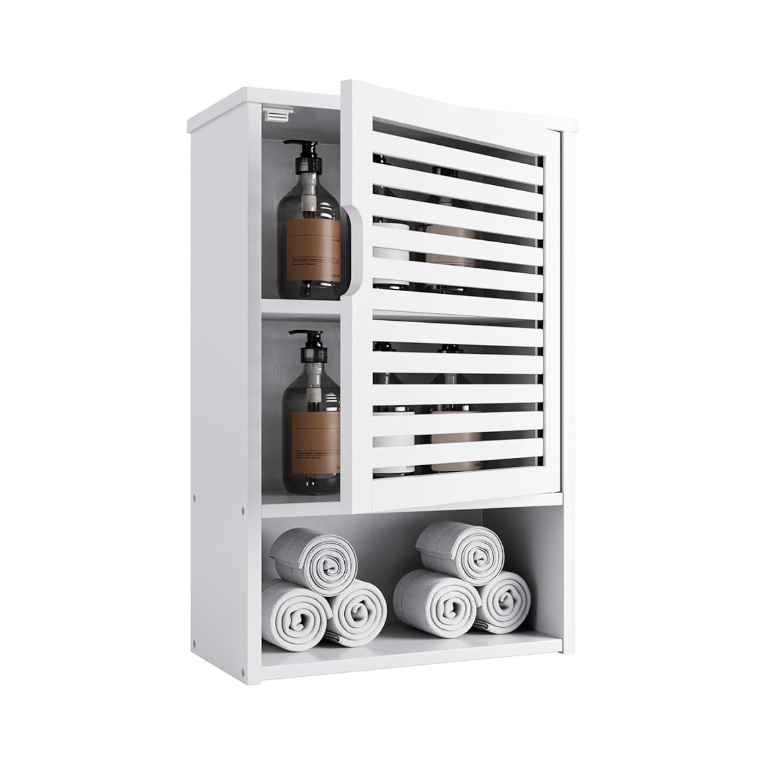 White Wall Mounted Bathroom Cabinet with Sliding Door & Towel Shelf