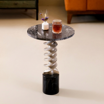 The Spiral Gallery Sculpted Marble Accent Table – Black Stone Top Side Table for Living Room, Lounge & Bedroom