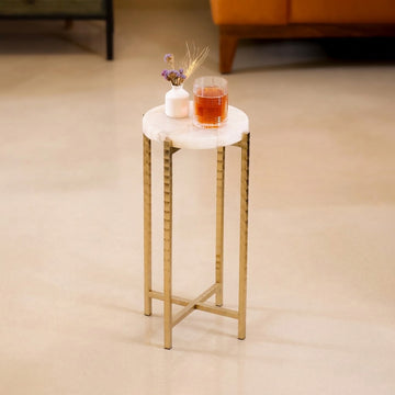 The Martini Moment Agate Cocktail Table – Round Stone Top Drinks Table with Hammered Metal Frame