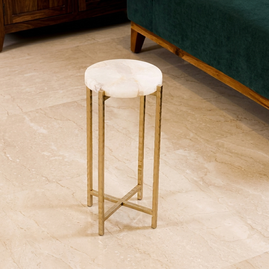 The Martini Moment Agate Cocktail Table – Round Stone Top Drinks Table with Hammered Metal Frame